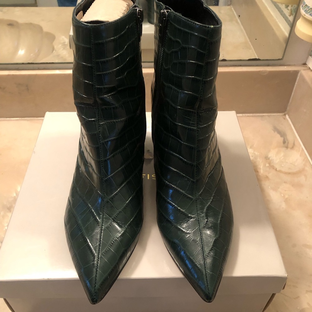 Marc Jacobs Dark Green Croc-Embossed Pointed Toe Ankle Booties